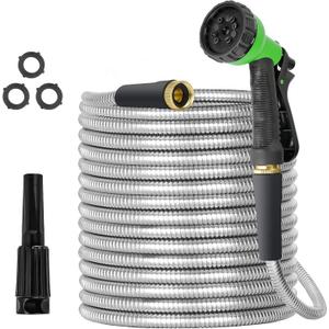 Garden Hose 100ft Stainless Steel Water Hose Super Tough Flexible Water Pipe with Brass Fittings and Sprayer Nozzle, No Kink, Rust Proof