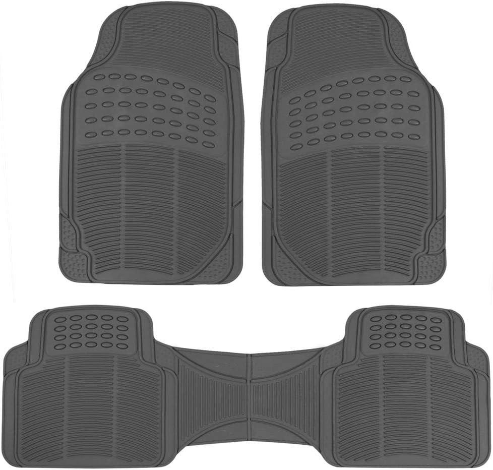 BDK 3-Piece Gray Rubber Floor Mats (Front + Rear), Heavy Duty Universal Fit Liners for Cars SUVs Trucks Vans, All Weather Protection Anti-Slip Nibs, Flexible Contours Fits Most Vehicles