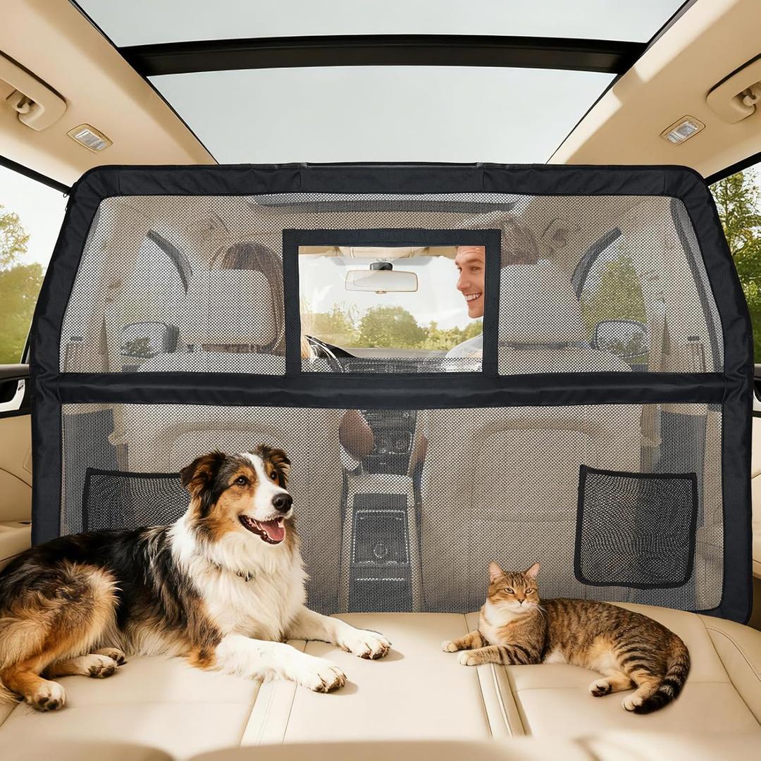 50" Pet Dog Car Barrier with Removable Visual Window, Pet Barrier for Car Escape-Proof, Back Seat Divider & Cargo Area Gate, Durable Dog Net for Car, Ideal for Trucks, SUV & Mid-Sized Vehicle