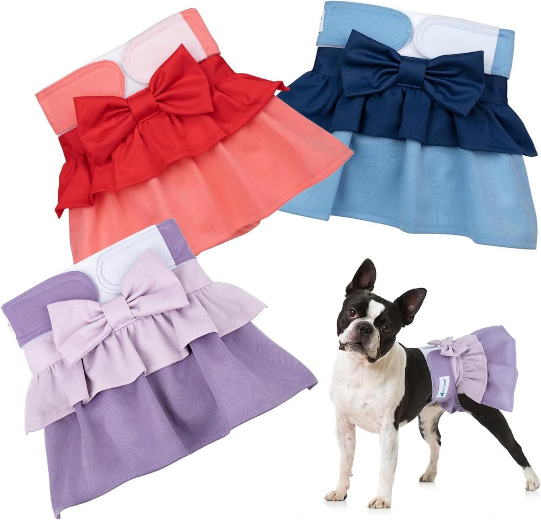 Pet Soft Female Dog Diapers - 3 Pack Washable Dress-Style Dog Diapers Female for Girl Dogs in Heat - Reusable Doggy Period Panties Puppy Diapers (Classic, S) (Small:10''-14'')