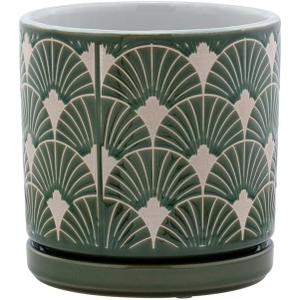 Napco Imports Decorative Home or Garden 8.75 x 5.5 Inch Indoor or Outdoor Flower Pot Planter with Saucer Green and Beige Scallop Design