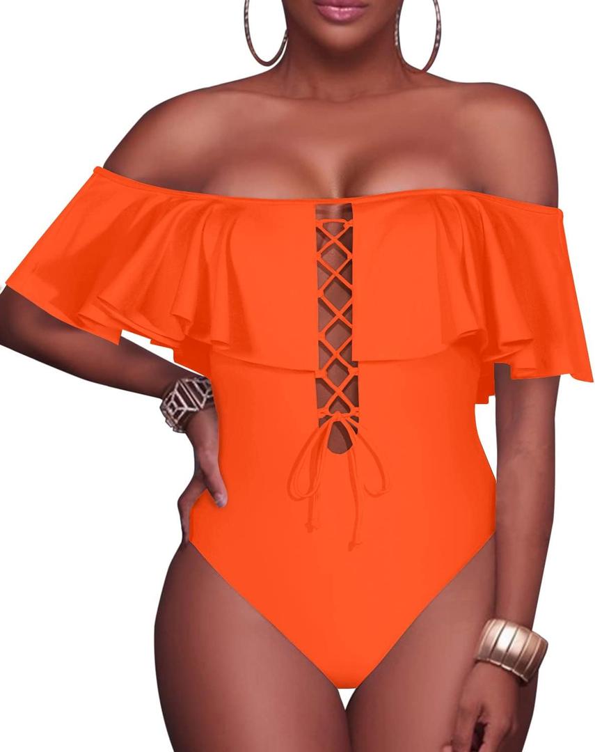 Tempt Me Women Sexy One Piece Swimsuit Ruffled Off Shoulder Lace Up Bathing Suit
