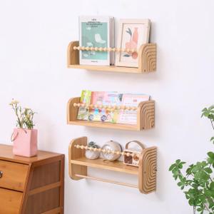 SAG's store Floating Nursery Shelves  Set of 3 Natural Wood WallMounted Bookshelves for Kids Room, Baby Room, Nursery Decor  15.7" Wide, Solid Wood Shelves for Books, Toys, and Decor Storage