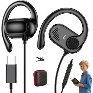 COOYA USB C Open Ear Headphones for Kids Teens School with Mic Volume Control Type-C Wired Earphones for iPad 11 A16 Air 5 for iPhone 17 16 Pixel 9 Pro Tablet Sport Over Ear Headsets Adjustable Hook