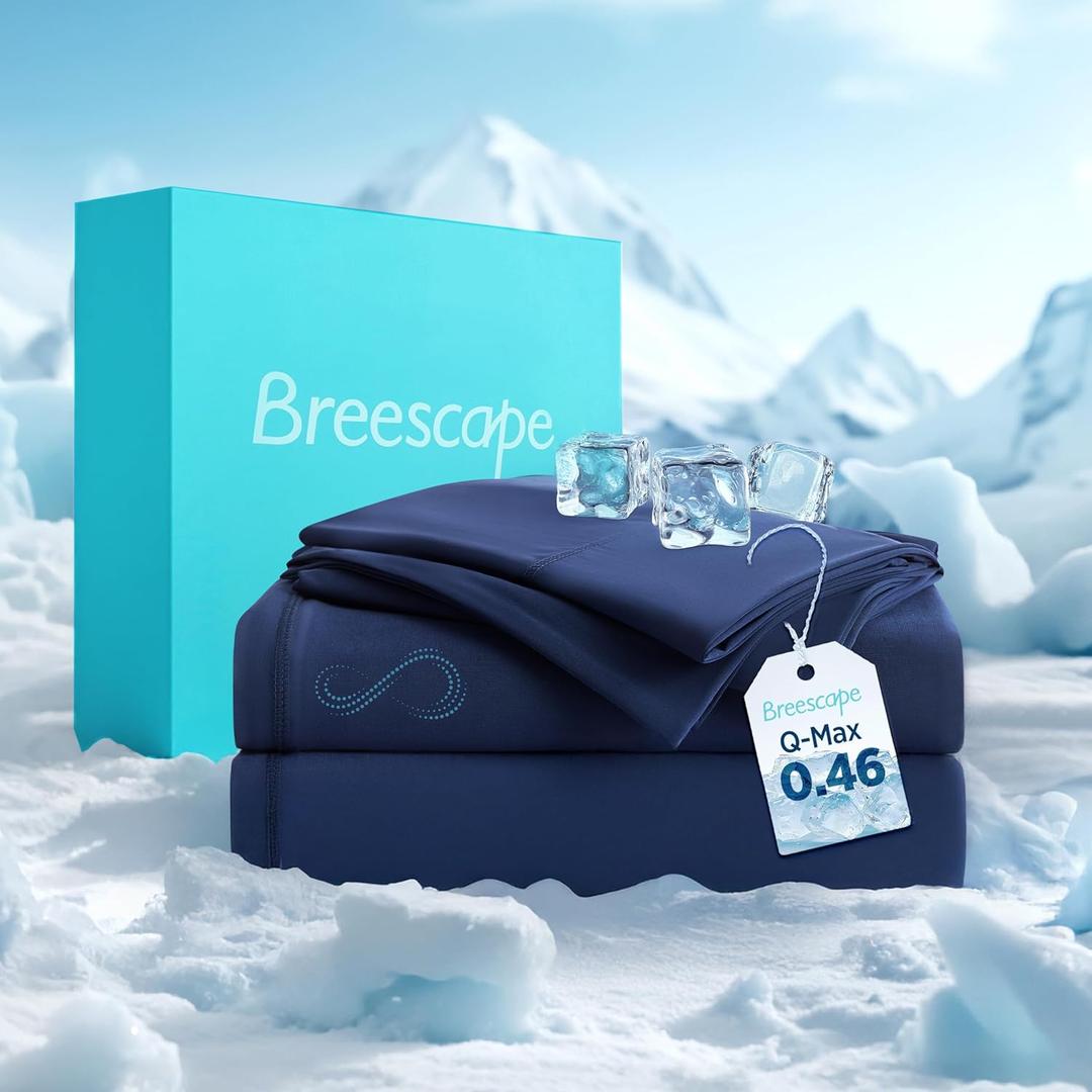 Breescape Cooling Sheet Set Queen Size - BlendTek Dry & Cool Technology for Hot Sleepers and Night Sweats, Q-Max>0.46 Tech, Deep Pocket Up to 18", 360 Elastic Band, Twilight Blue