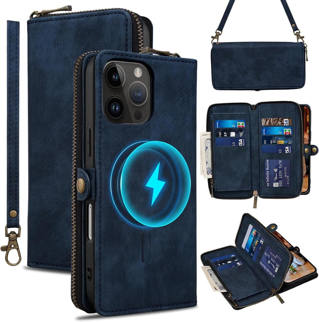 Rssviss Wallet Case for iPhone 16 Pro Crossbody with Card Holder Wrist Strap, Flip Zipper Case Compatible with Magsafe, RFID Blocking Purse Cover for iPhone 16 Pro Women Men 6.3 inch DarkBlue