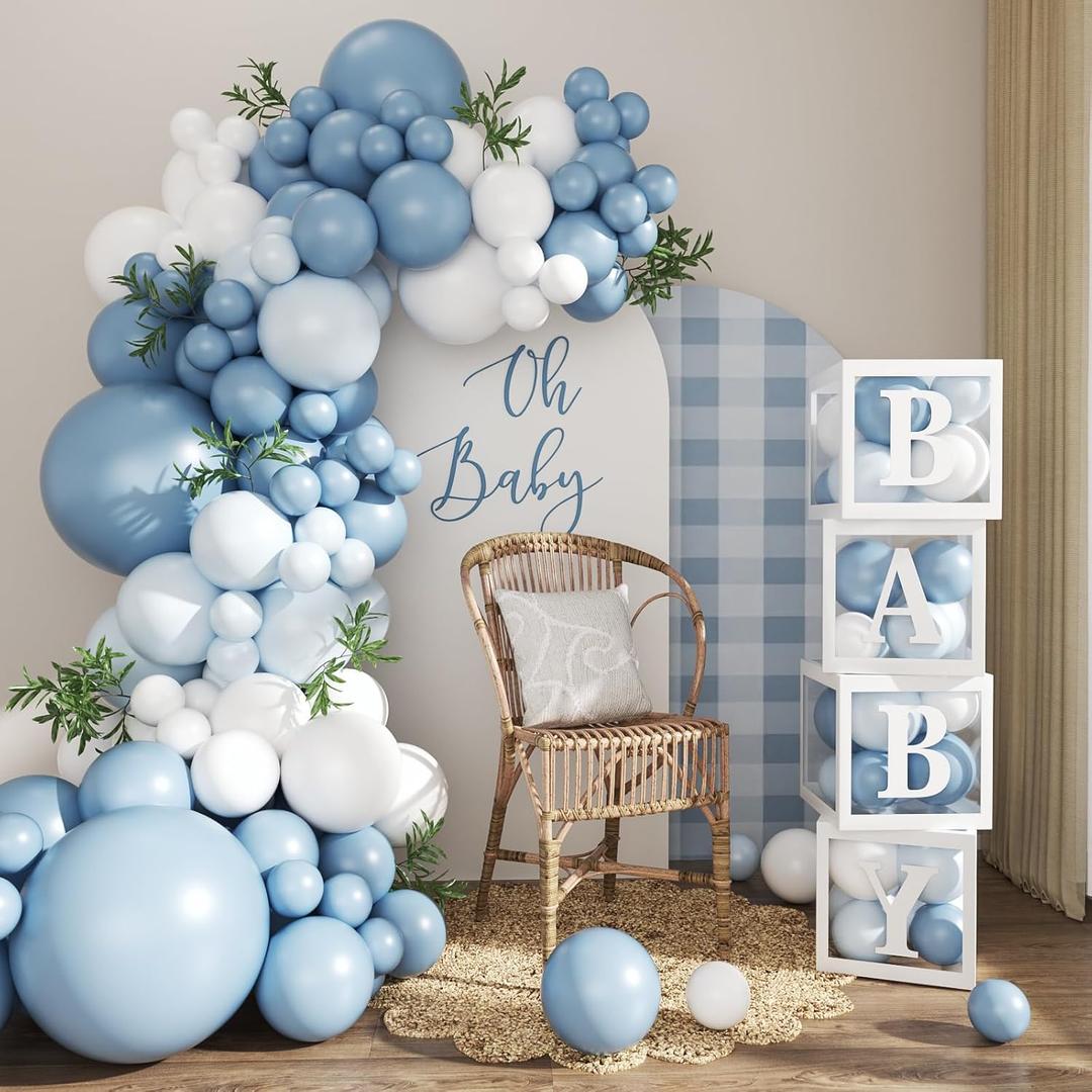 Dusty Blue Balloon Baby Shower Decorations for Boy, 132Pcs Blue Balloon Arch Garland Kit Baby Boxes with Letters for Boy Boho Baby Shower Gender Reveal Birthday Party Decorations