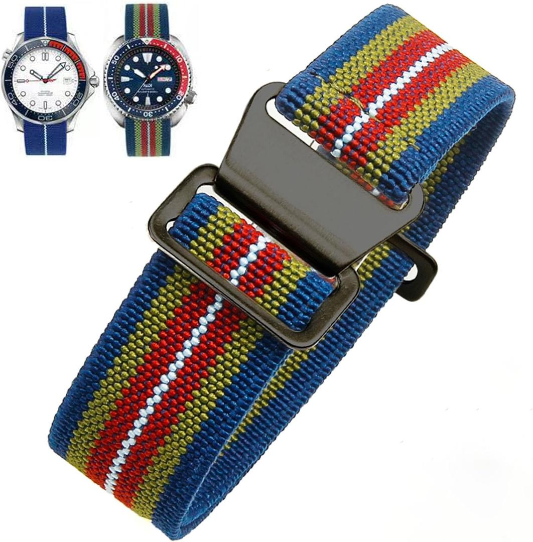 Elastic Nylon Watch Band French Troops Paratrooper Military Parachute Style 18mm 20mm 22mm Hook-and-Loop Premium Striped Fabric Nylon Replacement Watch Strap for Men Women (Rainbow Color(Black Buckle))
