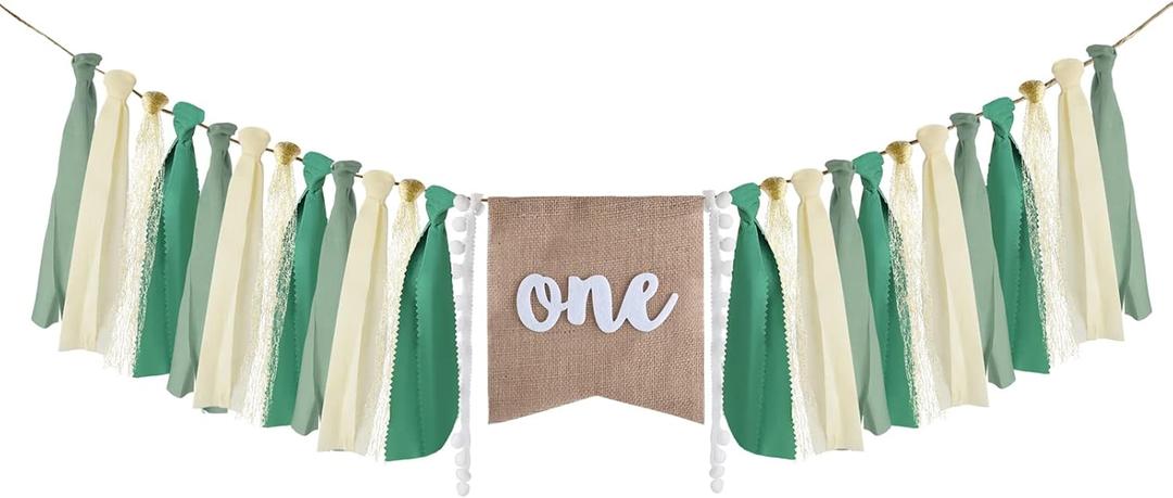 MIAHART Highchair Banner Green 1st Birthday Baby Boy Decoration Burlap Banner for Party