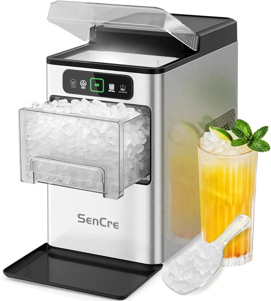 Nugget Ice Maker 40lbs/Day, Countertop Ice Maker Soft Chewable Ice, Ice Makers One-Click & Self-Cleaning, Crushed Pellet Ice Machine with Scoop&Basket for Home/Kitchen/Office, Stainless Silver