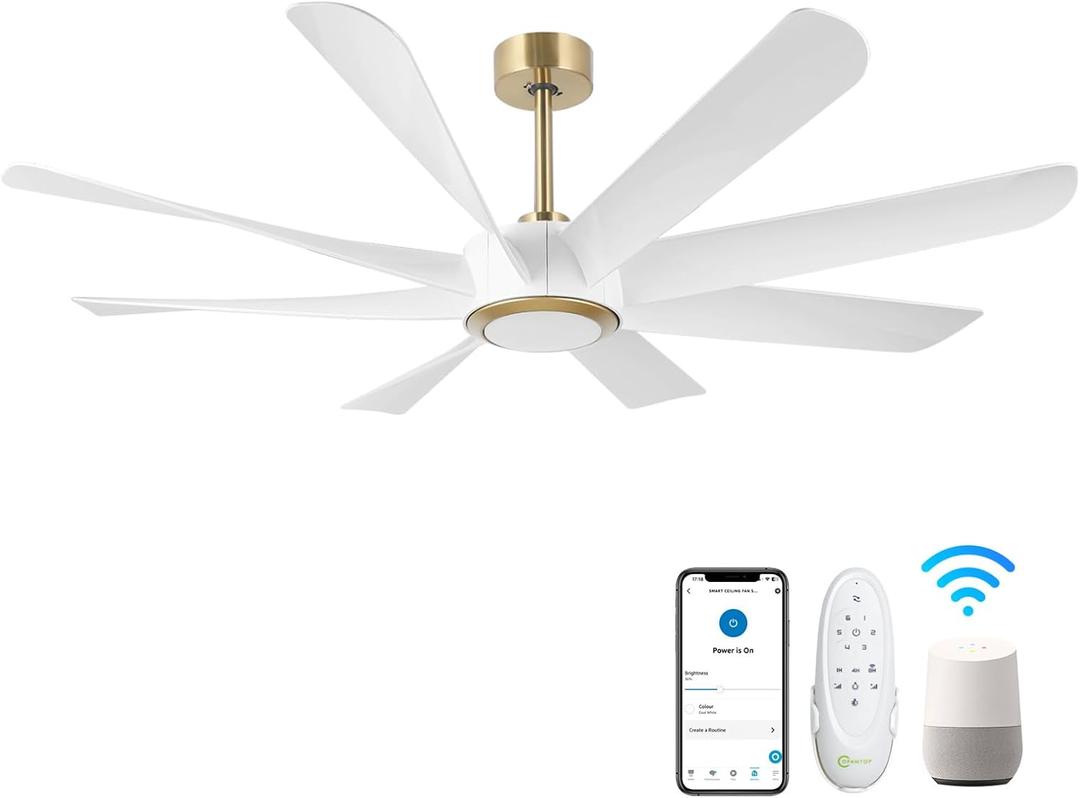 60 Inch White Gold Ceiling Fan with Light and Remote Control High CFM Quiet DC Motor Large Modern Smart Ceiling Fan with Dimmable Light, 6 Speeds, Reversible Direction