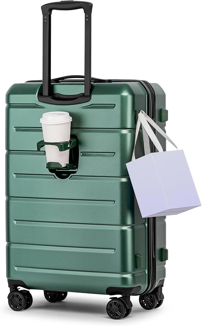 KYME 26 Inch Luggage TSA Approved Hard Shell Suitcases with Spinner Wheels Durable Medium Travel Checked Luggage with Cup Holder for Women Men Green