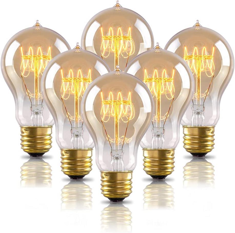 Warm Edison Light Bulbs, 60 Watt A19 Vintage Incandescent Light Bulbs, Dimmable Yellow Old Fashioned Amber Light Bulbs, 2100K Warm White, E26 Base, 6 Pack