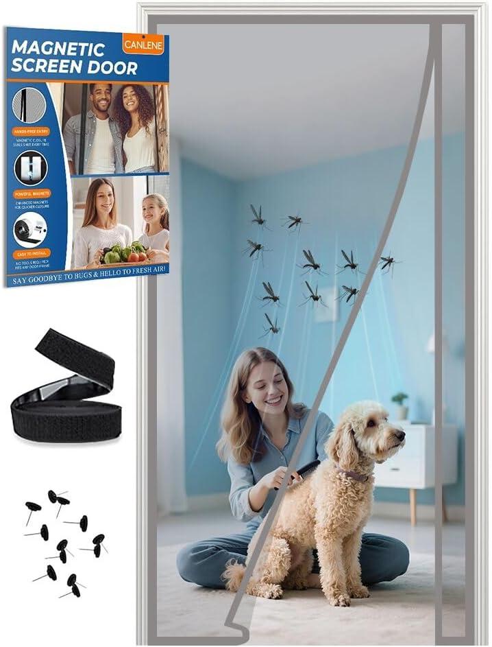 Magnetic Screen Door Left Right Side Opening Polyethylene Terephthalate Mesh Greater Than Fiberglass and Polyester Easy Install (Screen 32"x84", Gray)