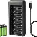 Amazon Basics Rechargeable AA Low Self Discharge NiMh Batteries with 8-Bay Battery Charger, USB-C Port, No AC Power Adapter, 8 Count, Black