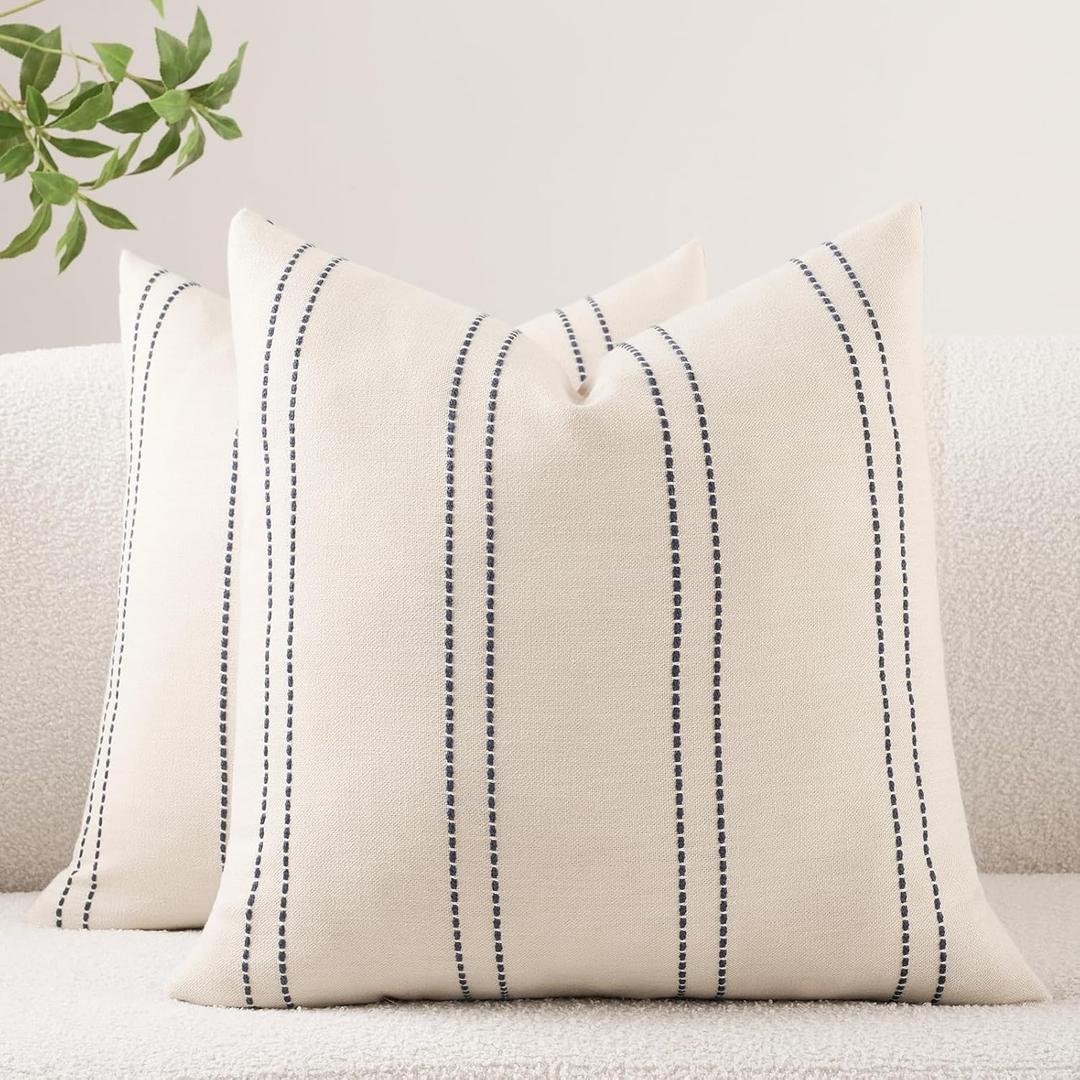 Decorative Throw Pillow Covers 18x18 Inch Set of 2 Linen Striped Accent Neutral Beige Farmhouse Boho Square Cushion Covers for Couch Sofa Bed Living Room Modern Home Decor, Navy Blue
