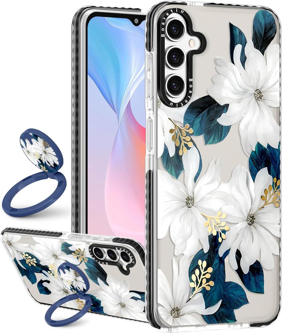 Boaretiu Cute Kawaii for Samsung Galaxy A16 Case with Stand - Fashion Cool 360 Rotate Ring Holder Kickstand Blue Flower for Women Girls Boys Teens Girly for Galaxy A16 Case