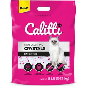 Calitti Premium Crystal Cat Litter 99.9% Dust Free, Maximum Odor Control, Soft on Paws, Low Tracking, Lightweight Silica Gel, Non-Clumping, Multi-Cat, Unscented 8 lb Bag