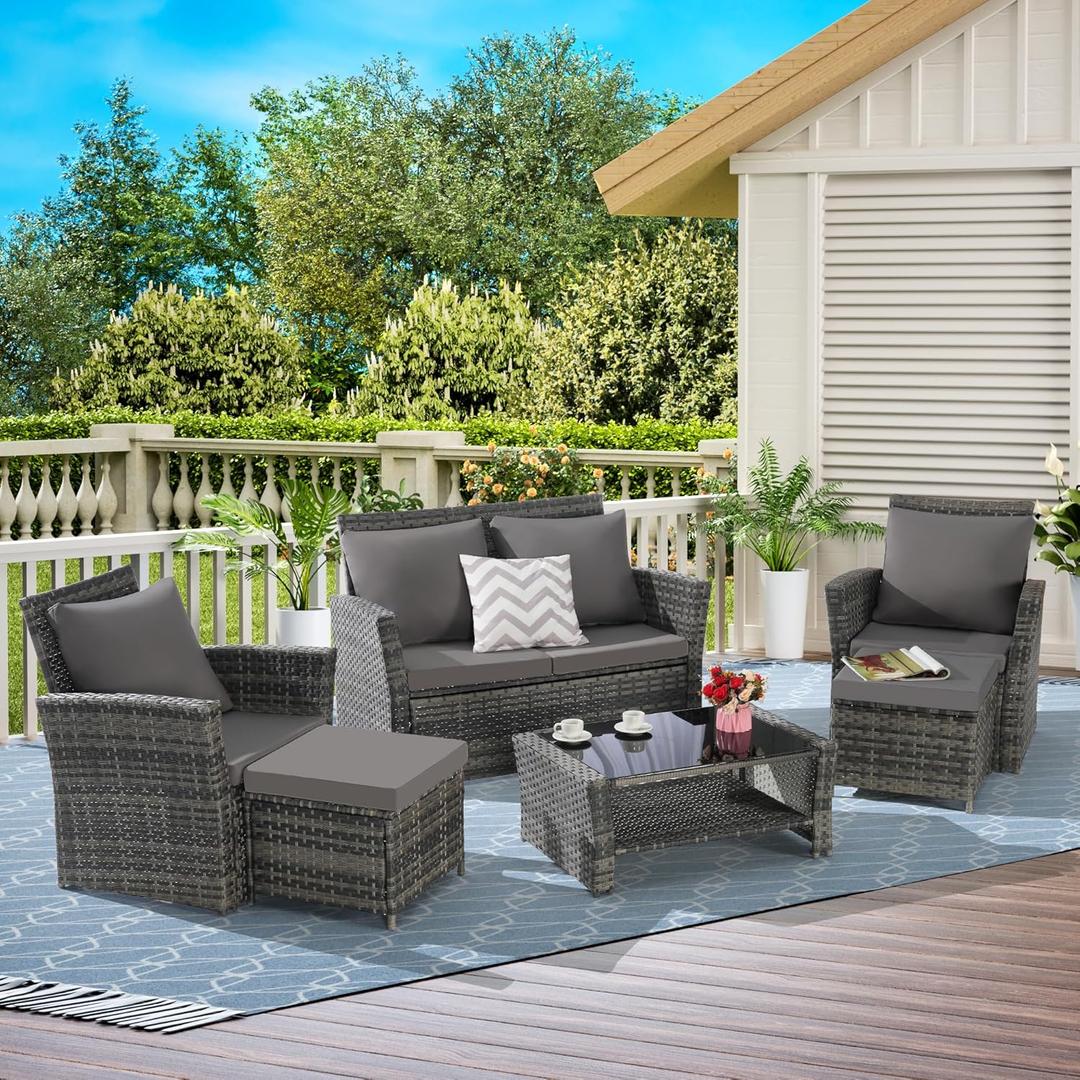 KEIKI 6-Piece Outdoor Patio Furniture Set, Rattan Patio Conversation Set with 2-Seater Sofa, 2 Single Sofa, 2 Ottomans, Coffee Table, PE Wicker Sofa Set, for Garden, Backyard, Lawn, Deck, Dark Gray