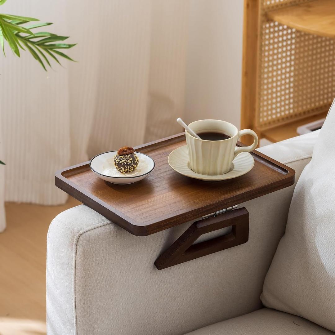 Bamboo Sofa Arm Tray Table, Foldable Clip-on Side Table, Wide Couch Cup Holder (Brown)