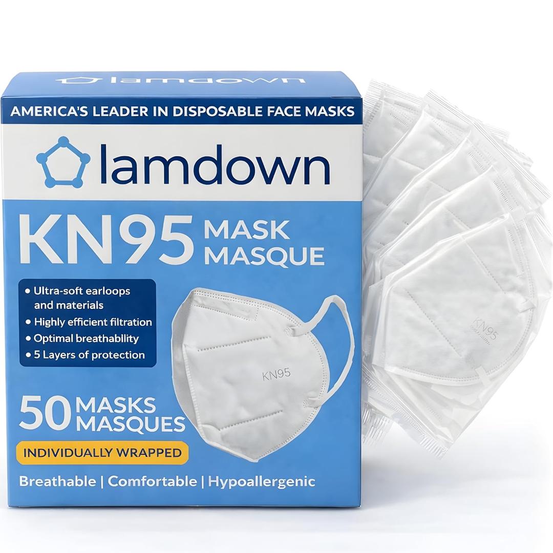 (50-Pack) KN95 Face Masks, Individually Wrapped, Premium Disposable Dust Mask, White (White)