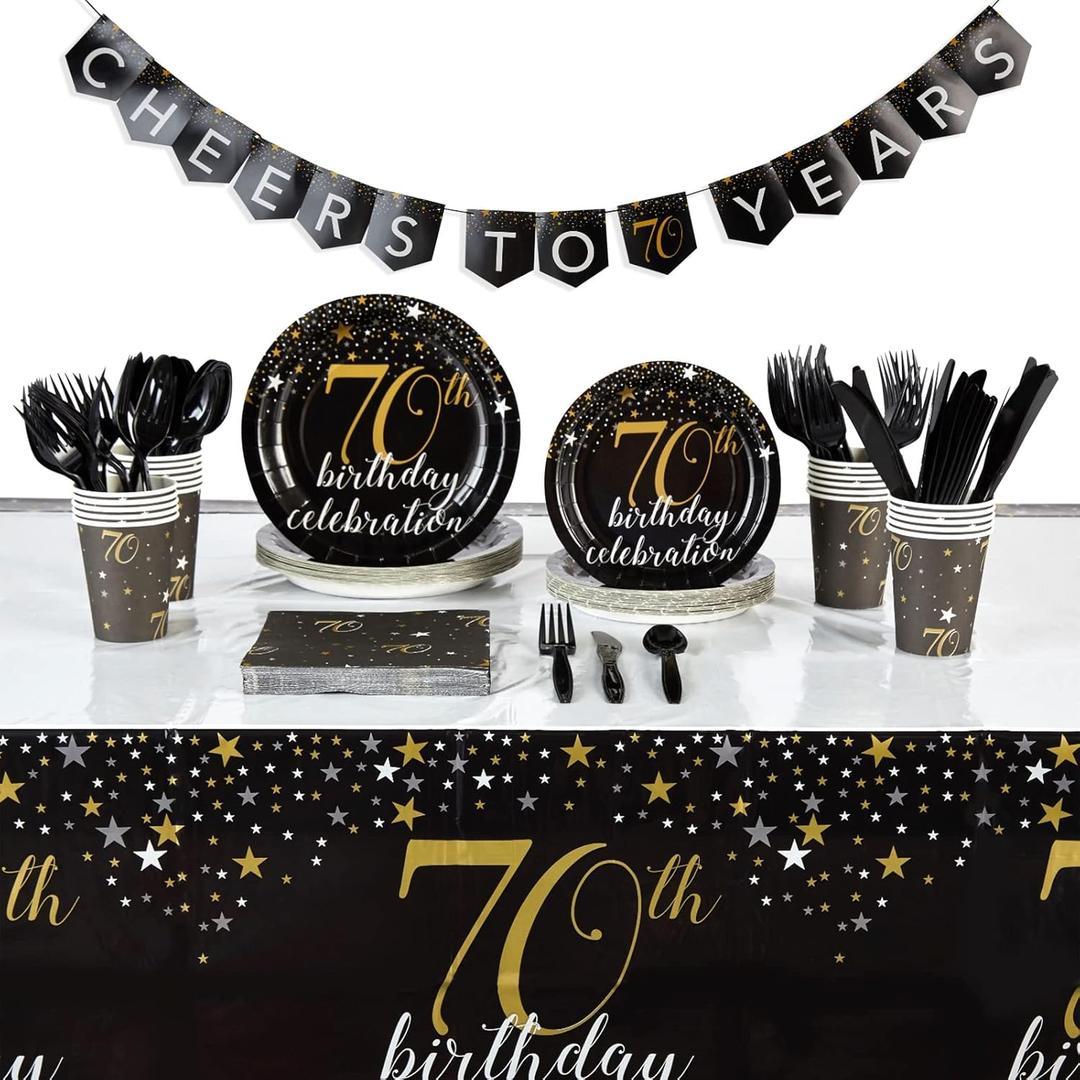 Sparkle and Bash 70th Birthday Decorations for Men & Party Supplies - 170-Piece Black & Gold Disposable Dinnerware Set, Serves 24 - Plates, Napkins & Utensils, Cups, Tablecloth & Banner