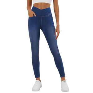COPYLEAF Stretchy Jeans for Women Trendy Butt Lifting Leggings with Pockets Crossover Waisted Jeggings Pull on Skinny Jeans Medium Wash, Large