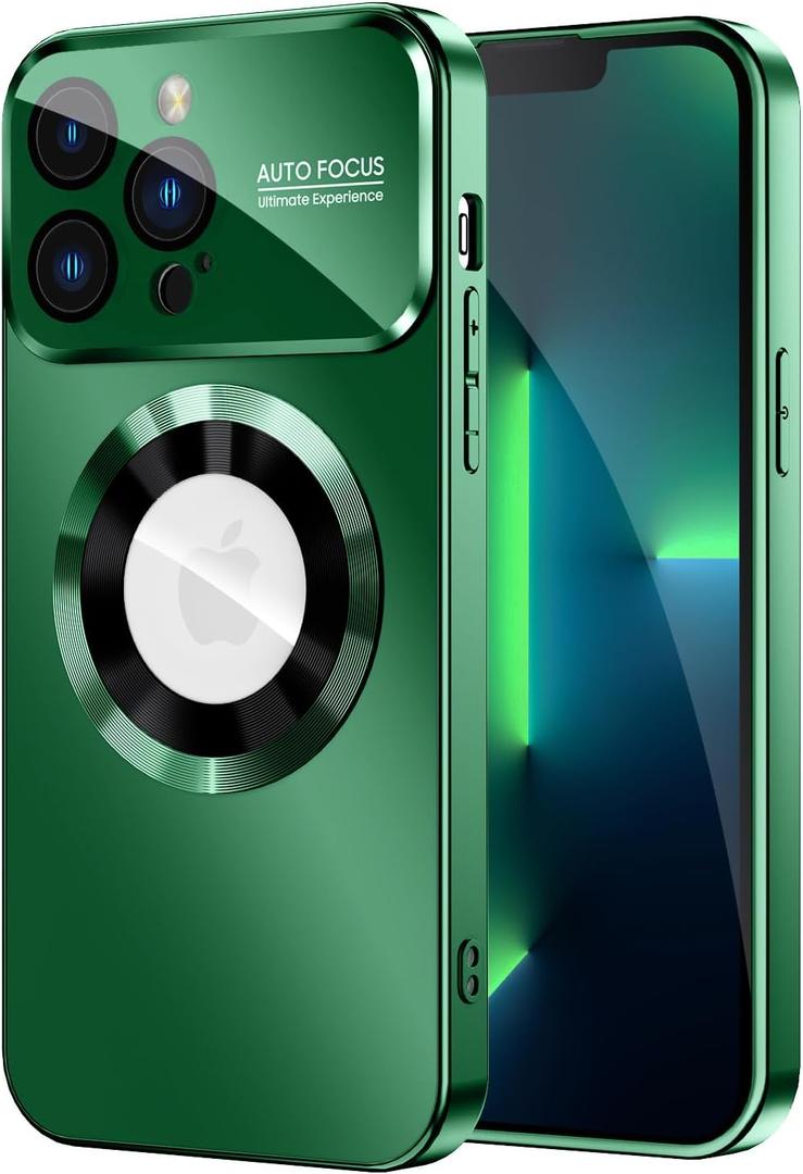 Magnetic for iPhone 13 Pro Max Case, Compatible with MagSafe, Built-in Camera Lens Protector, Logo View, Military Grade Drop Proof Phone Case Cover, Dark Green