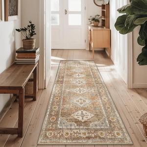 Runner Rugs for Hallway 2x6 Machine Washable Runners, Vintage Retro Floral Medallion Runners for Kitchen Entryway Bathroom, Low Pile Lightweight Thin Chenille Non Slip Runner Rug, Orange