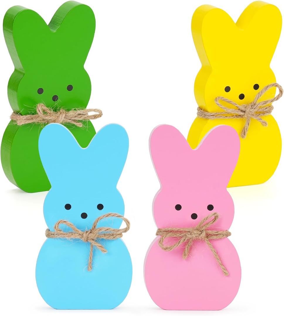 Babycop Easter Dcor, 4 Pcs Bunny Table Decorations Wooden Spring Signs for Home, Wood Rabbit Tiered Tray/Mantal Dcor for Farmhouse or Office Party Supplies