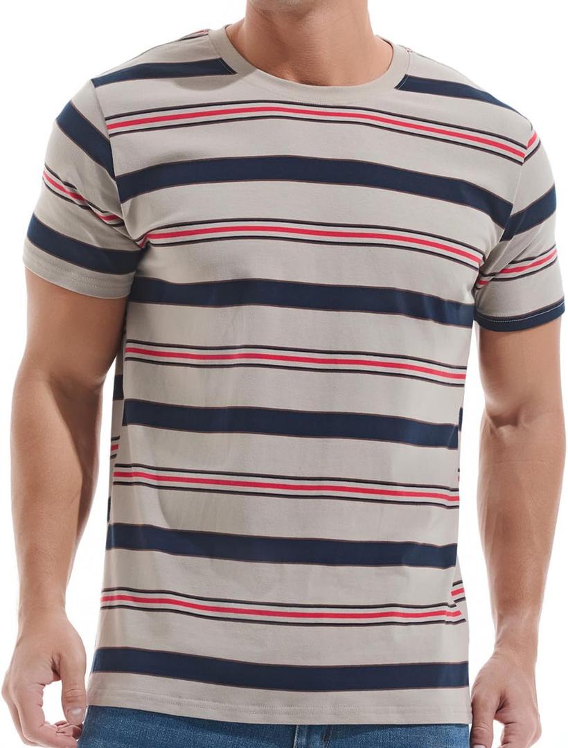 VEIISAR Men's Crewneck Striped T-Shirt Soft Elastic Cotton Tees (Large, 31228 Grey Royal Blue)