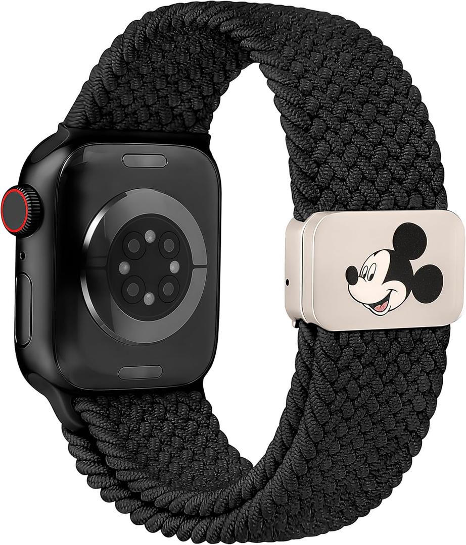 Braided Cartoon Magnetic Clasp Band Compatible with Apple Watch Bands 40/38/41/42/44/45/46/49mm Women Men, Stretchy Elastic Nylon Woven Strap for iWatch Series 11 10 9 8 7 6 5 4 SE/Ultra 3 2 1 (Black)
