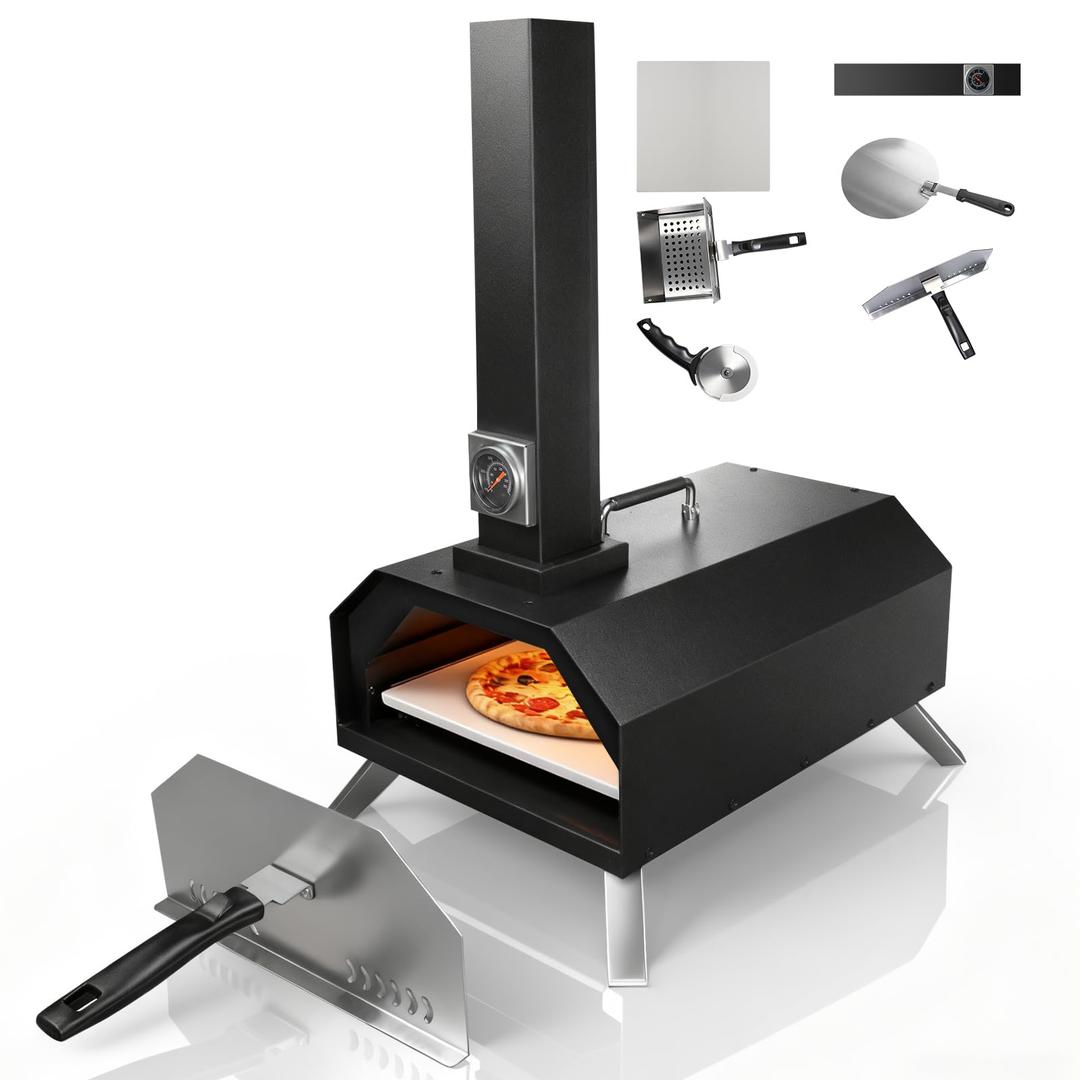 12" Wood Pellet Pizza Oven Outdoor, Portable Foldable Pizza Maker with Built-in Thermometer, Square Pizza Stone, Ideal for Camping, Backyard, Patio, Garden & Party