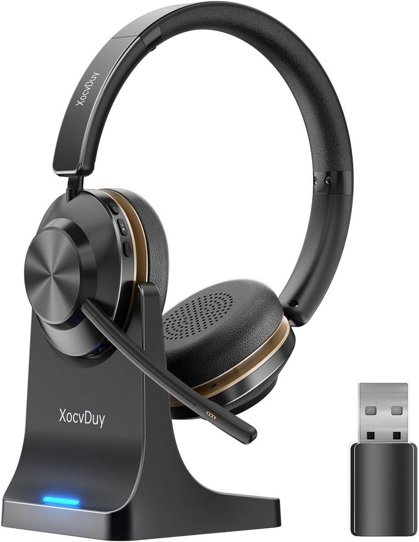 Bluetooth Headset, Wireless Headset with Mic for Work, Bluetooth 5.3, Wireless Headphones with AI Noise Cancelling Microphone (Clear Calls & Mic Mute), USB Dongle, for Computer/PC/Laptop/Zoom