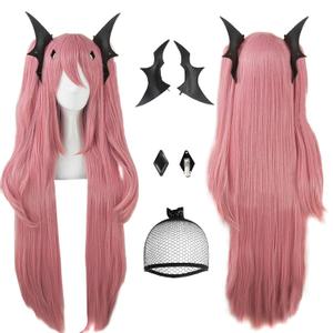 ANOGOL Hair Cap+ 3PCS Set (1 *Headwear) Long Pink Wig Anime Cosplay Hair Clip On Ponytails Pink Synthetic Wig Vampire Cosplay for Women Anime Cartoon Costume Party Halloween Christmas