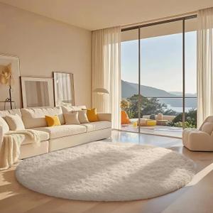 Ophanie Round Rug 7Ft White Circle Area Rug, Aesthetic Room Decor, Fluffy Fuzzy Bedroom Carpet, Plush Soft Shaggy Living Room Rugs for Kids Home Decor, Nursery (7ft x 7ft 3- White)