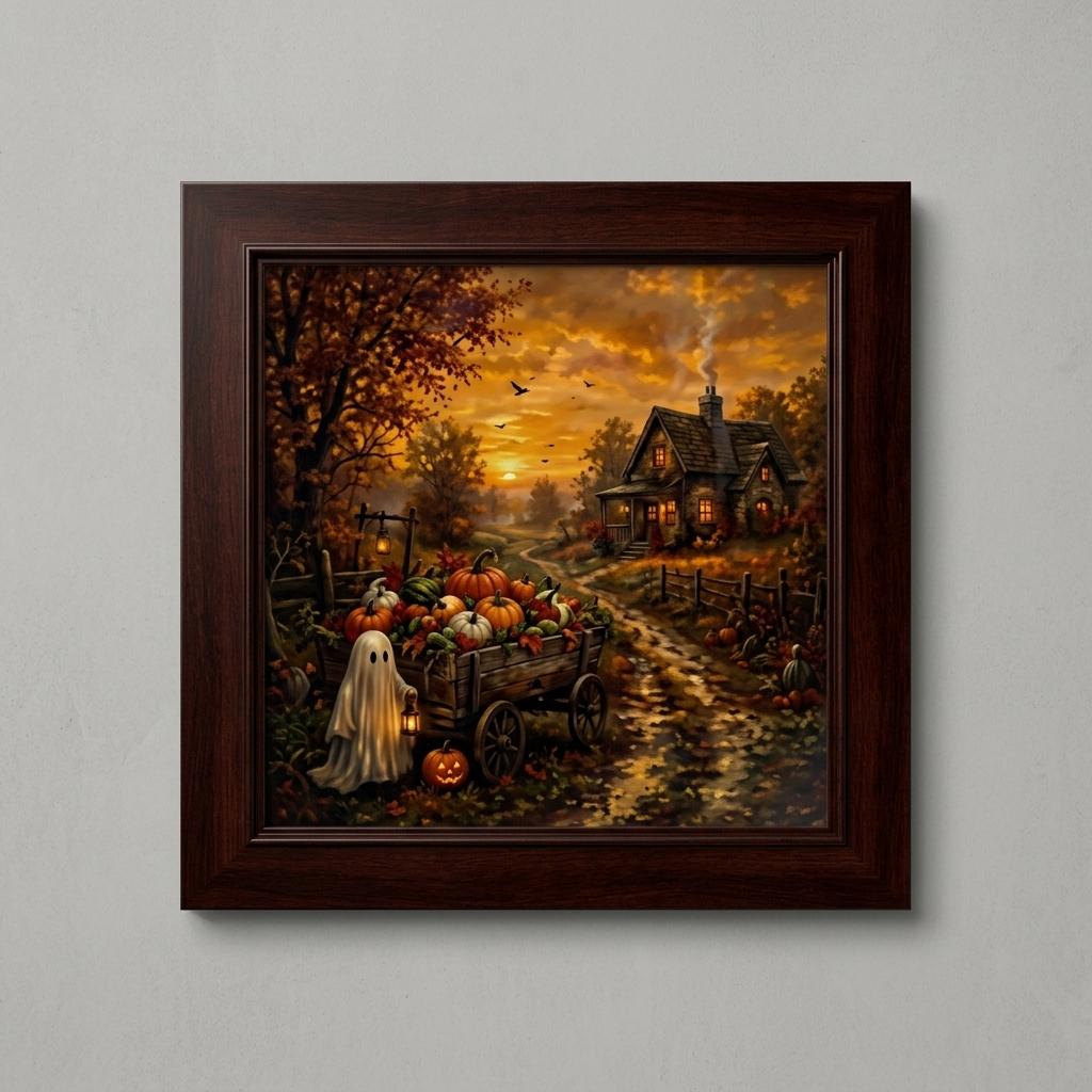 Spooky Halloween Cottage Framed Canvas Wall Art – Cute Ghost, Pumpkin Wagon & Autumn Countryside Painting, 19.7"L x 19.7"W