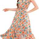 Aupuls Womens High Low Floral Maxi Dress V Neck Spring Ruffle Beach Summer Wedding Guest Dress (Small)