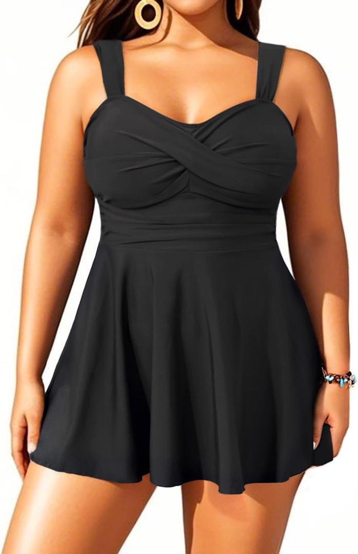 Aqua Eve Plus Size Two Piece Swimsuits for Women Tankini Bathing Suits Flowy Swim Dress with Shorts (Black) 30W
