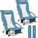 2 Pack Low Beach Chairs for Adults with High Back, Support 400LBS | Portable Beach Chair with 3-Position Adjustable Upper Backrest, Neck Support & Cup Holder for Beach, Caming, Dusty Blue