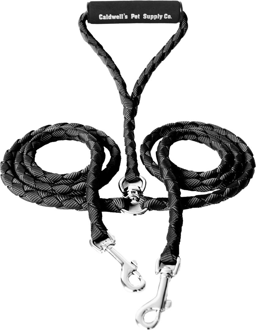 Caldwell's Pet Supply Co. Dual Dog Leash, Double Dog Leash for Two Dogs, Tangle Free, Heavy Duty Double Ended Tandem Leashes with Padded Handle with Tangle-free Swivel, for Small, Medium or Large Dogs (Black)