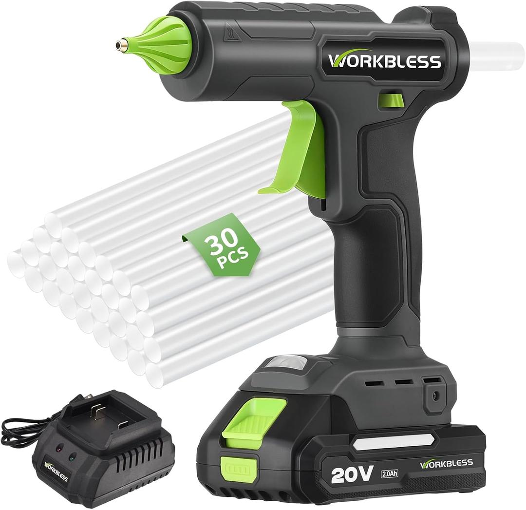 Cordless Hot Glue Gun Full Size,Hot Glue Gun with 20V 2000mAh Battery & 30pcs 11mm Clear Glue Sticks, Heavy and Duty Hot Glue Gun for Arts, Repair, Wood Working, Leak-Proof Nozzle (Black)