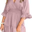Aoysky Womens V Neck Casual Dresses Summer Loose High Waist Ruffle Pleated Cute Mini Short Dress (Pink), Large