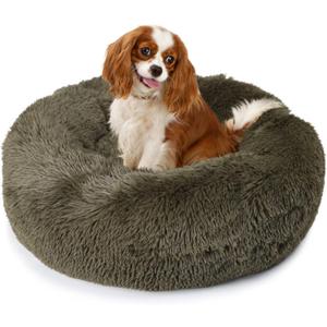 Calming Donut Dogs Beds for Small Dogs Washable, 23inch Plush Round Pet Bed for Cozy Sleep, Fluffy Faux Fur Large Cat Bed, Fits up to 25 lbs Pets, Army Green