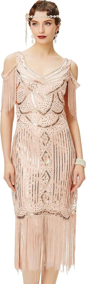 BABEYOND Womens 1920s Flapper Dress Vintage Long Fringe Dress Roaring 20s Sequins Beaded Dress (XX-Large, Rosegold)