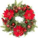 Adeeing 16 Inch Christmas Wreath, Outdoor Christmas Wreath with Red Artificial Poinsettia Flowers Ball Ornaments Pine Cones Berries for Door Wall Window Fireplace Home Holiday Decorations