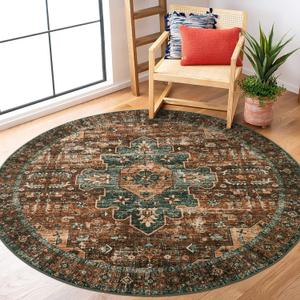 Moynesa Ultra-Thin Washable Round Rug - 5ft Entryway Round Rug Vintage Kitchen Mat, Non-Slip Non-Shedding Stain Resistant Bedroom Carpet for Indoor Living Dining Room Coffee Table Nursery (Brick Red)