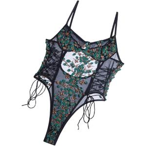 The Crafty Owl Floral Embroidery Lace Up Bodysuit Lingerie for Women (Medium, Black/Green)