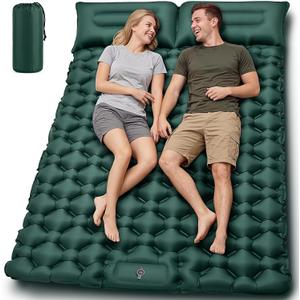Double Camping Sleeping Pad, 4" Extra Thick 2 Person Inflatable Sleeping Pad with Built-in Foot Pump & Pillow, Self Inflating Camping Mattress for Tent, Backpacking, Hiking, Travel, RV（Dark Green）