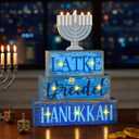 Kathfly 4 Pcs Hanukkah Decorations for Home Light It up Chanukah Table Decor Wooden Lighted Menorah Decoration Hanukkah Centerpiece Rustic Menorah Block Signs Gift Jewish New Year Decor for Home